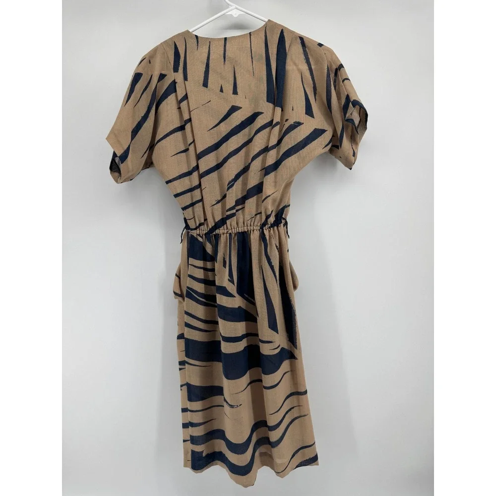Vintage Mindy Malone Dress Tan Navy Abstract Print V-Neck ILGWU Made in USA 3-4 - Picture 5 of 11